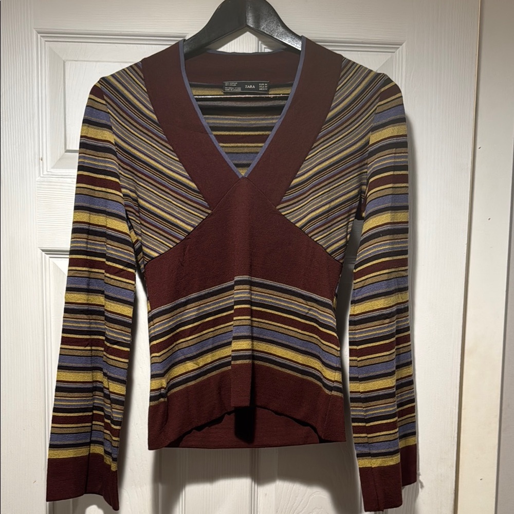 Vintage Zara V-Neck Sweater - Maroon and Yellow Stripes
